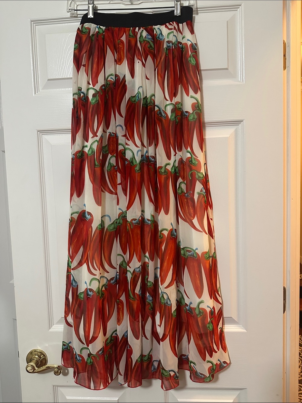 Women's Flowy, Fun, Red Pepper Print Maxi Skirt